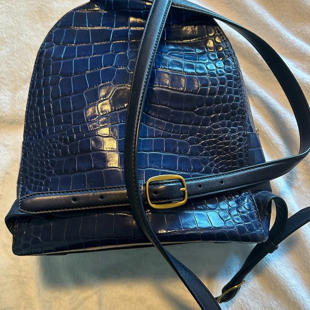 Tory Burch(AUTHENTIC) • Blue Croc-Embossed Backpack • - Picture 2 of 13